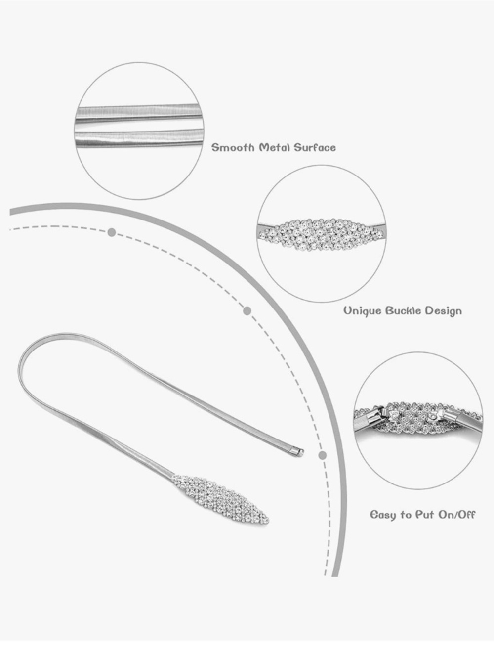 New Crystal-Embellished Silver Tone Elastic Belt - Picture 3 of 3